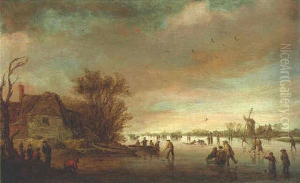 A Frozen River With Townsfolk Skating And Playing Colf Oil Painting by Jan Coelenbier