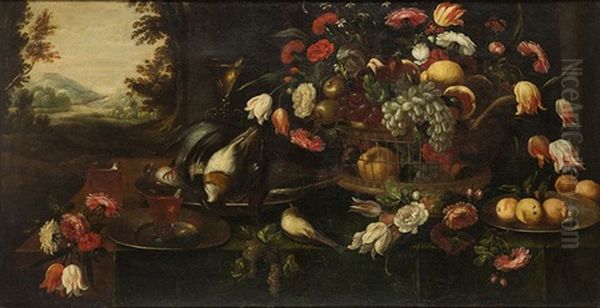 Bodegon De Flores, Frutas Y Caza Muerta Oil Painting by Francisco Coello de Portugal y Quesada