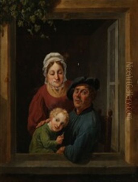 Window Niche With Parents And Their Son Oil Painting by Constantinus-Fidelio Coene