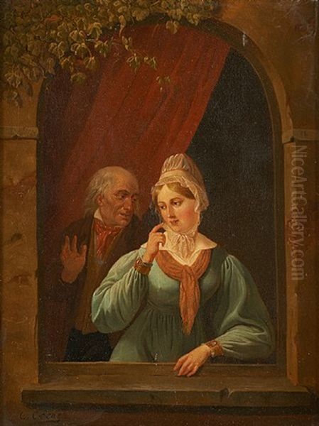 Conversation A La Fenetre Oil Painting by Constantinus-Fidelio Coene