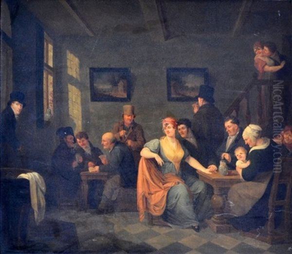 Scene D'interieur Aux Joueurs Et Famille Oil Painting by Constantinus-Fidelio Coene