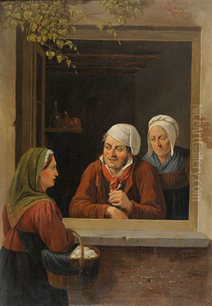 Two Ladies And A Gentleman Beside A Window Oil Painting by Constantinus-Fidelio Coene