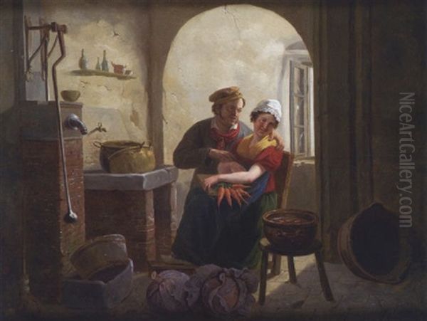 Galanterie Dans La Cuisine Oil Painting by Constantinus-Fidelio Coene