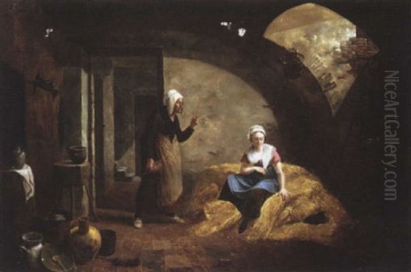 Woman Seated In Cellar Oil Painting by Constantinus-Fidelio Coene