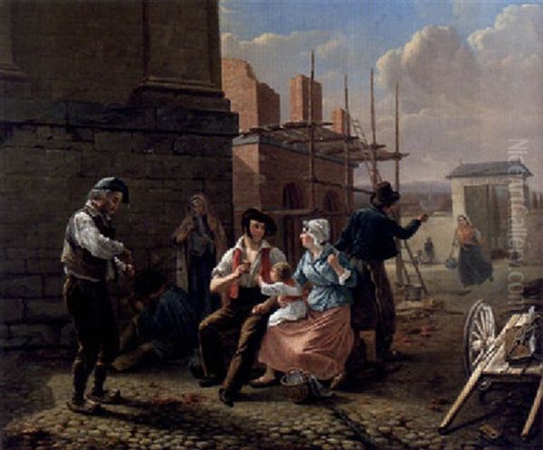 The Three Stages Of Life - Workmen Enjoying Lunch With Their Families At A Building Site Oil Painting by Constantinus-Fidelio Coene