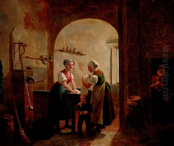 Washerwomen In A Sunlit Basement With A Young Boy Blowing Bubbles Oil Painting by Constantinus-Fidelio Coene