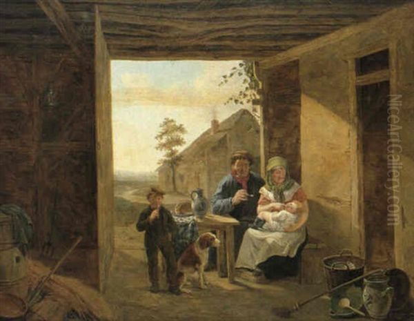 Bauernfamilie, In Einer Scheune Am Tisch Sitzend Oil Painting by Constantinus-Fidelio Coene