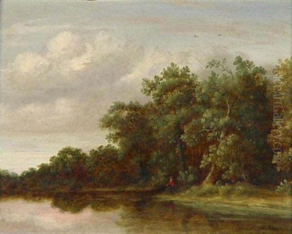 Musestunde. Einsamer Angler An Von Baumen Gesaumten Flusufer Oil Painting by Isaac Coene