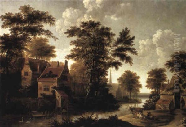 Village On River With Peasants At Cottage Oil Painting by Isaac Coene