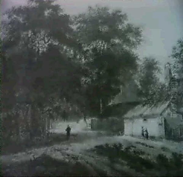 Figures Outside A Cottage By A Country Road Oil Painting by Isaac Coene