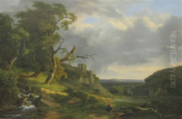 An Extensive Landscape With A Mother And Child On A Path By A Stream Oil Painting by Jean Baptiste Coene