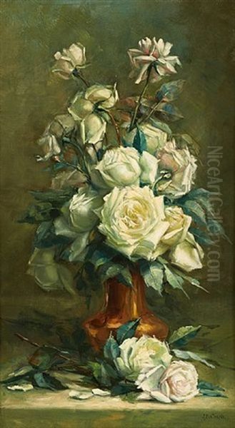 Vase Fleuri De Roses Blanches Oil Painting by Jean Baptiste Coene