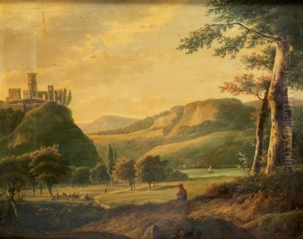 Paysage De Campagne A La Riviere Surmonte Par Les Ruines D'un Chateau-fort Oil Painting by Jean Baptiste Coene