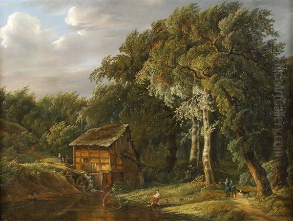 Lisiere De Bois Avec Chasseurs Et Pecheur Le Long D'une Riviere Oil Painting by Jean Baptiste Coene