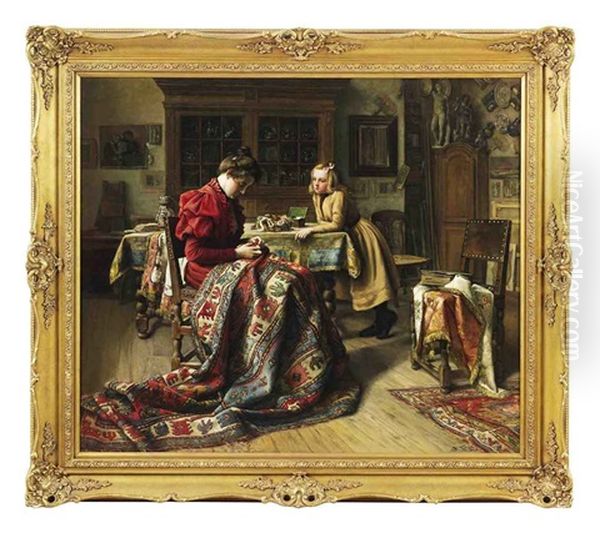 Mending The Rug Oil Painting by Jean Baptiste Coene