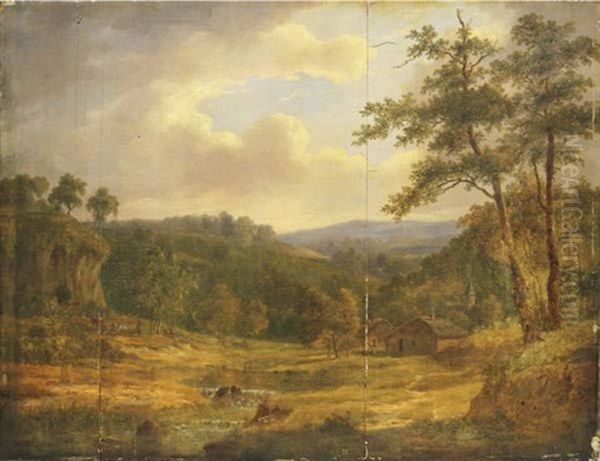 Paysage. Chaumieres Et Clocher Dansune Petite Vallee Oil Painting by Jean Baptiste Coene