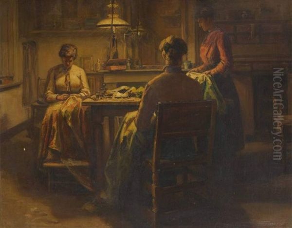 Les Ravaudeuses A La Lueur De La Lampe A Huile Oil Painting by Jean Baptiste Coene