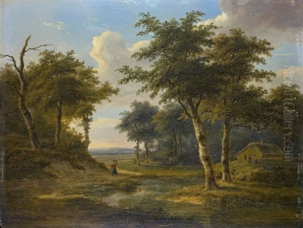 Bewaldete Flusslandschaft Mit Bauernhaus Und Staffagefiguren Oil Painting by Jean Baptiste Coene