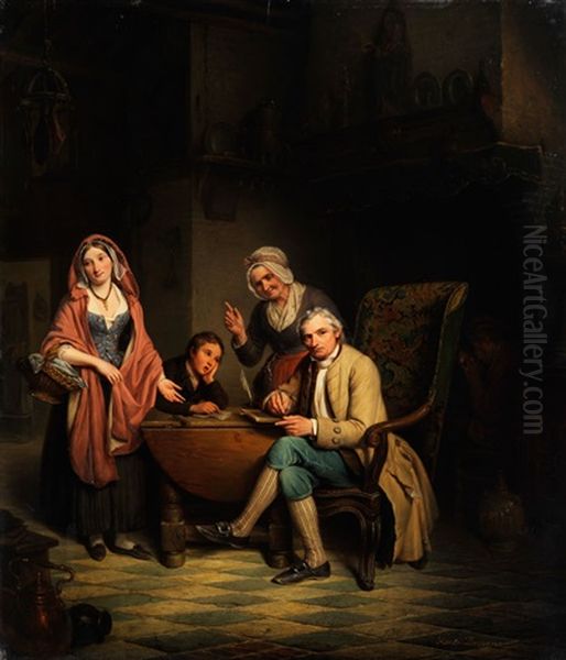 Die Unterrichtsstunde Im Familienkreis Oil Painting by Jean Henri de Coene