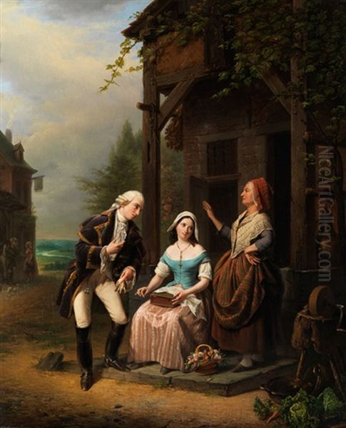 Adeliger Galan Will Einem Jungen Landmadchen Den Hof Machen Oil Painting by Jean Henri de Coene