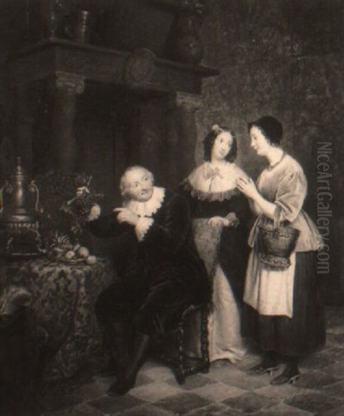 Two Women And A Man In An Interior Oil Painting by Jean Henri de Coene