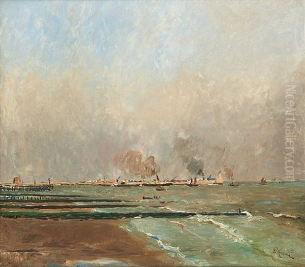 Les Brise-lames Devant Zeebrugge Oil Painting by Joseph Francois de Coene