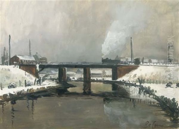 A Steam Locomotive In A Winter Landscape In West Flandres Oil Painting by Joseph Francois de Coene