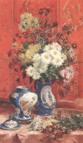 Crysanthemums On A Draped Table Oil Painting by Joseph Francois de Coene