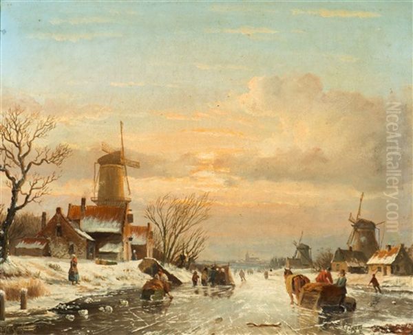 Entertainment On The Ice With 'koek-en-zopie' Oil Painting by Jacob Jan Coenraad