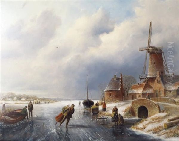 Ice Skating On The Canal Oil Painting by Jacob Jan Coenraad