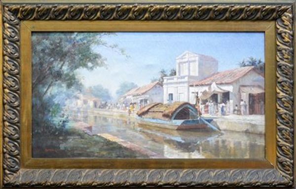 Barges On The Canal, Java, C Oil Painting by Alfred Coffey