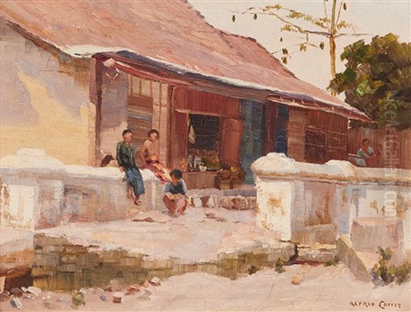 Balinese Village Oil Painting by Alfred Coffey