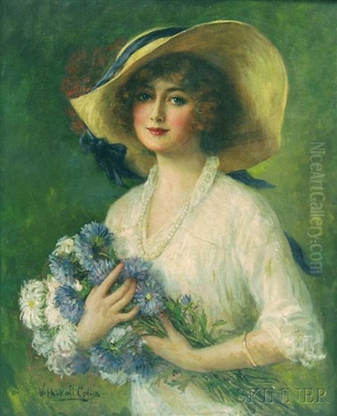 Portrait Of A Young Woman Holding A Bouquet Of Flowers Oil Painting by William Haskell Coffin