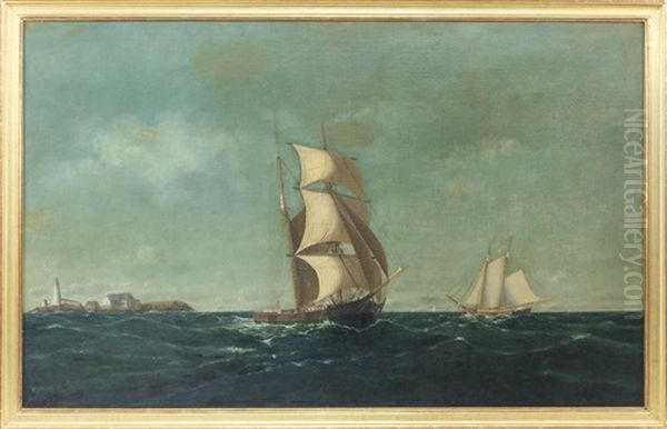 A Brigantine And American Schooner Under Full Sail Off Boston Light Oil Painting by William Henry Coffin