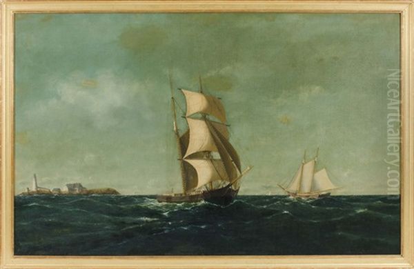 Brigantine And American Schooner Under Full Sail Off A Lighthouse Oil Painting by William Henry Coffin