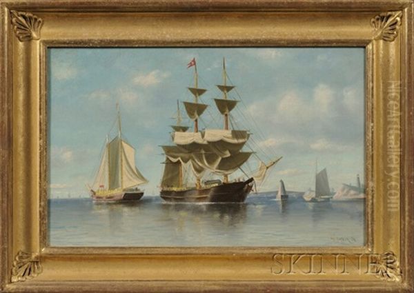 Harbor Scene With Distant Lighthouse Oil Painting by William Henry Coffin