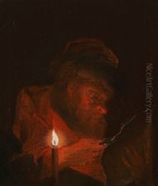 An Elderly Man By Candlelight Oil Painting by Benoit Coffre