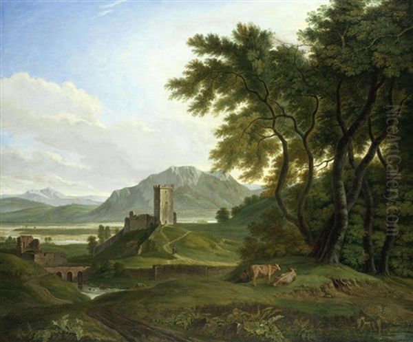 An Extensive Landscape With Ruins And Cattle Oil Painting by Joseph (Charles) Cogels