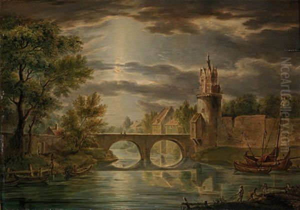 Fishing In The Moonlight Oil Painting by Joseph (Charles) Cogels