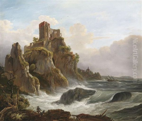 Fantasielandschaft - Ruine Auf Bizarren Klippen Bei Aufziehendem Regen Oil Painting by Joseph (Charles) Cogels