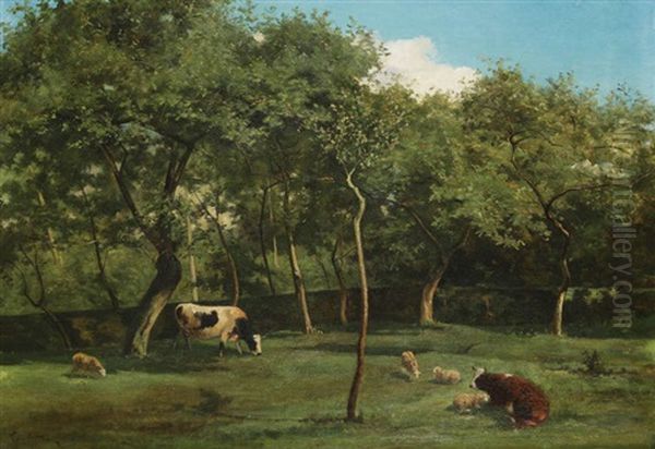 Vaches Et Moutons Au Verger Oil Painting by Felix Cogen