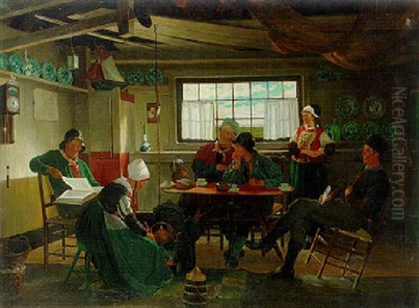 Quiet Times: A Fisher's Family From Marken Gathered Around A Table In An Interior Oil Painting by Felix Cogen