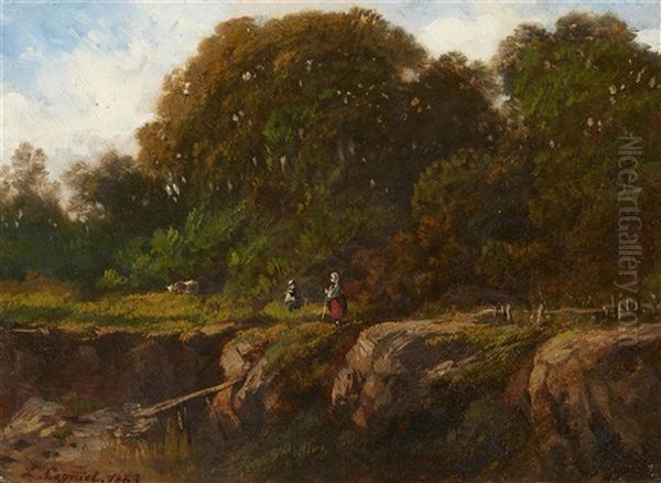 Early Autumn Landscape Oil Painting by Leon Cogniet