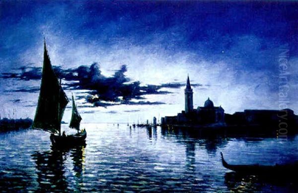 Mond Uber Der Lagune Von Venedig, Mit Blick Auf San Giorgio, Segelboot Und Gondel Oil Painting by Marcel Cogniet