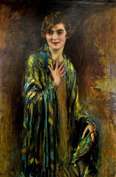 Portrait Of A Girl With A Green Shawl Oil Painting by Isaac Michael Cohen