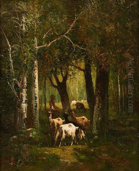 Jeune Bergere Dans Une Clairiere Ensoleillee Oil Painting by Louis Coignard