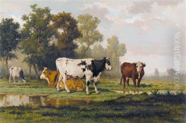 Weidende Rinder In Einer Auenlandschaft by Louis Coignard