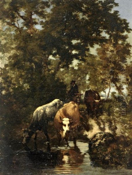 Vaches A La Mare Et Berger Oil Painting by Louis Coignard