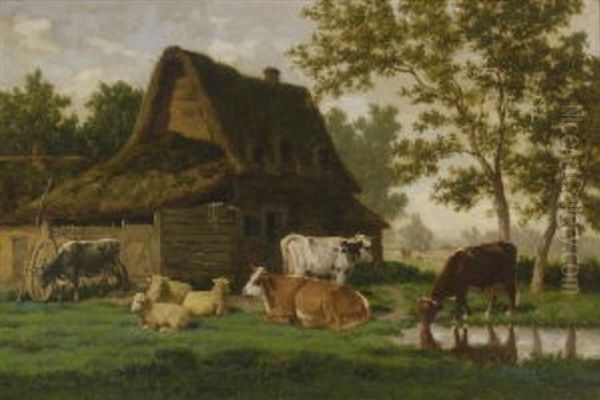 Kuhe Und Schafe Vor Dem Bauernhaus Oil Painting by Louis Coignard