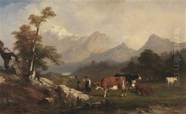 Alpenlandische Szene Mit Viehhirten Oil Painting by Jules Coignet